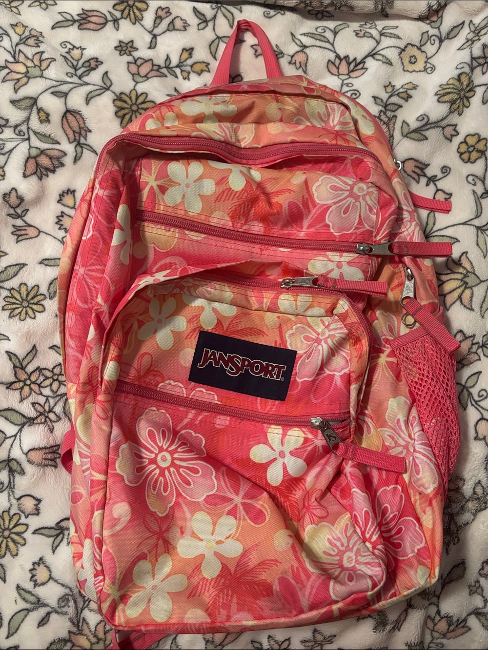 Jansport Pink Floral Backpack with Cream Accents